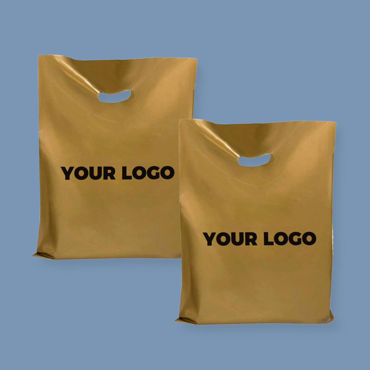 Custom Gold Color Plastic Merchandise Bags Die Cut Shopping bags | Recyable | One Color Printing